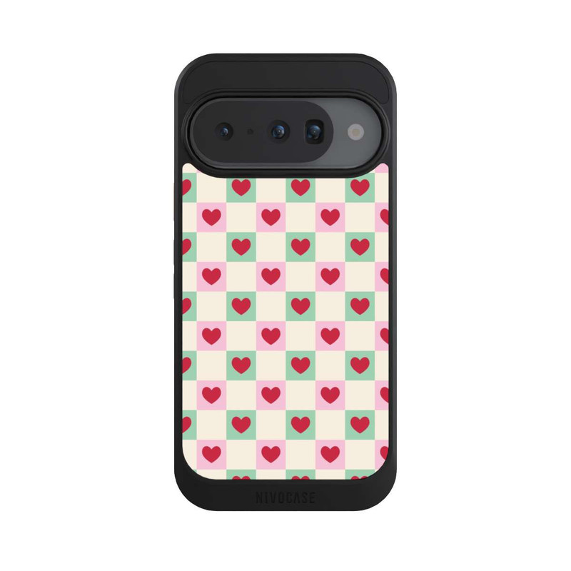 Pixel 10 NIVOcore Karomuster Herzen Rosa und Grün Valentinstag