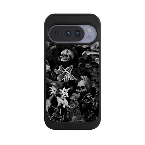 Google Pixel 10 Pro NIVOcore Totenköpfe und Blumen auf schwarzem Hintergrund