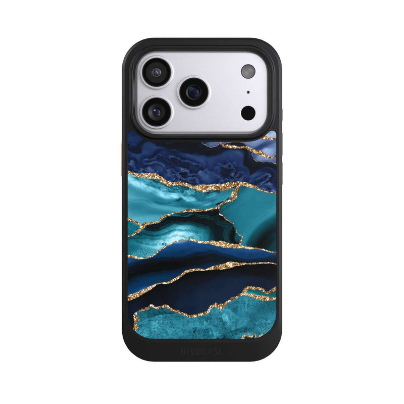 iPhone 17 Pro NIVOcore Dark and Light Blue Marble Gold Glitter Look