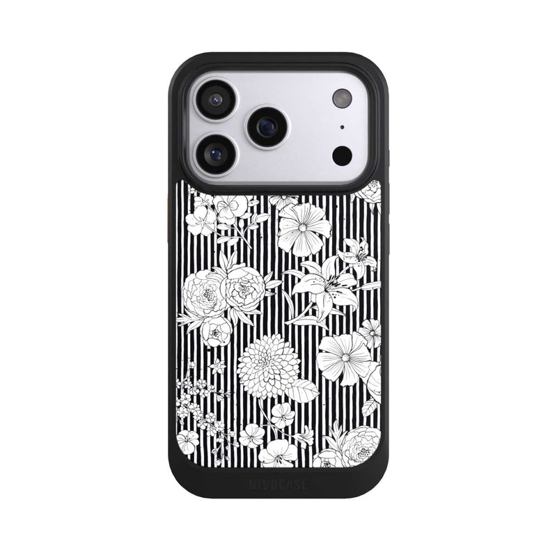 iPhone 17 Pro NIVOcore Fleurs et rayures noir et blanc