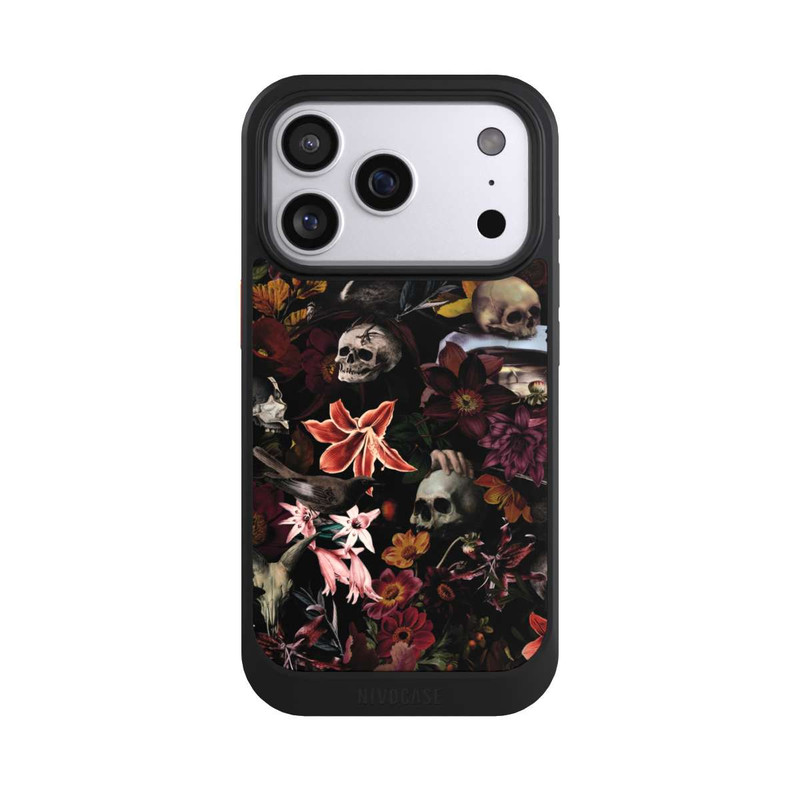iPhone 17 Pro NIVOcore Totenköpfe und Blumen auf dunklem Hintergrund