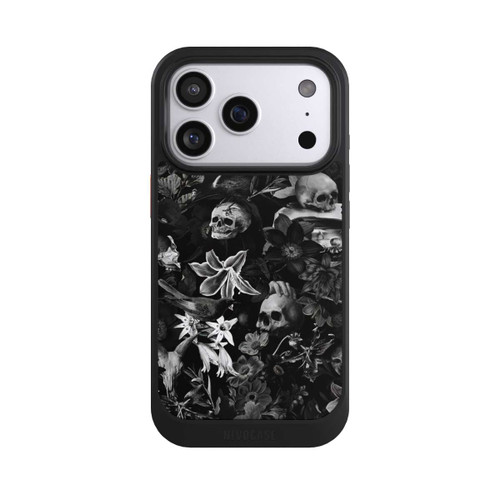 Apple iPhone 17 Pro NIVOcore Totenköpfe und Blumen auf schwarzem Hintergrund