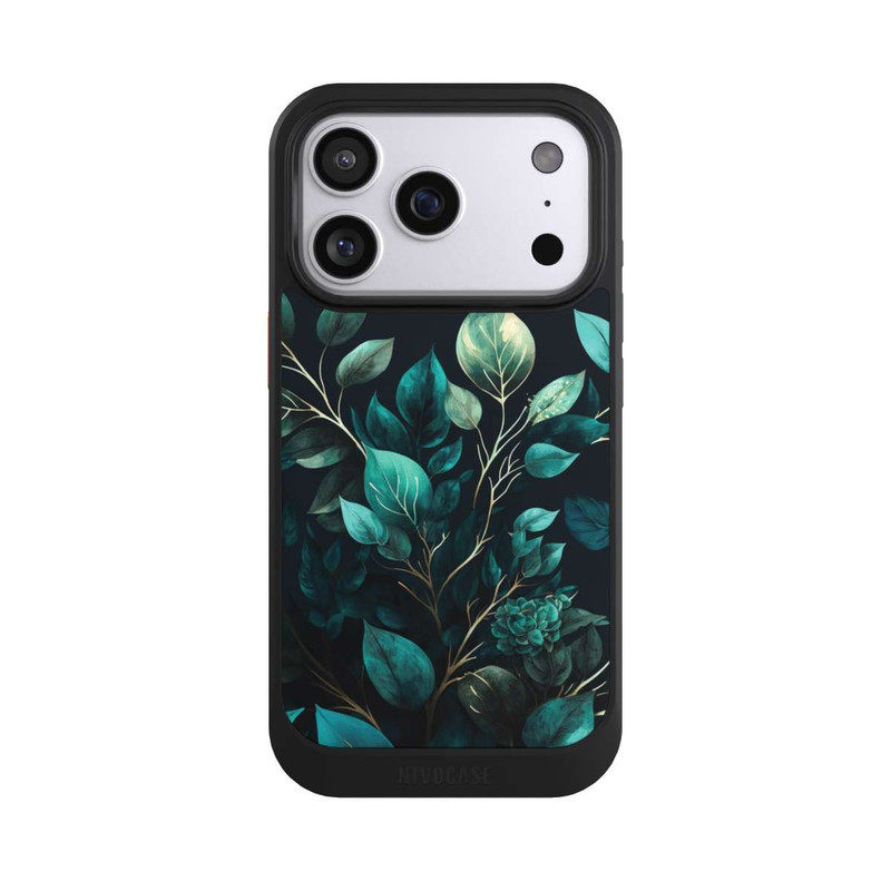 iPhone 17 Pro NIVOcore Grüne Eukalyptus Blätter mit dunklem Hintergrund mit KI