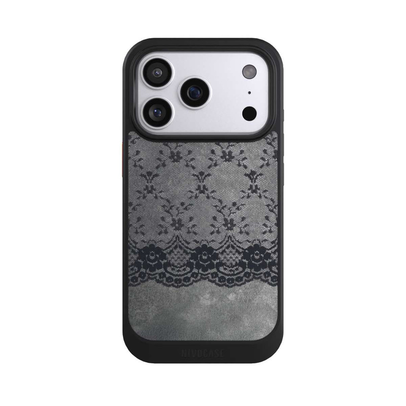 iPhone 17 Pro NIVOcore Motif de Dentelle Noire sur fond gris