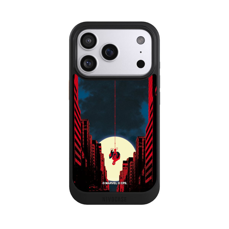 iPhone 17 Pro NIVOcore Spider-Man Marvel between Skyscrapers