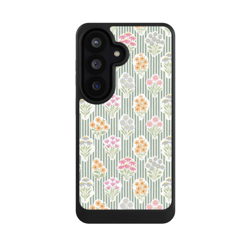 Samsung Galaxy S26 NIVOcore Ditsy Flower Sticker Bouquets on Blue and Cream Pinstripes