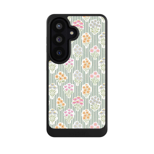 Samsung Galaxy S26 NIVOcore Ditsy Flower Sticker Bouquets on Blue and Cream Pinstripes