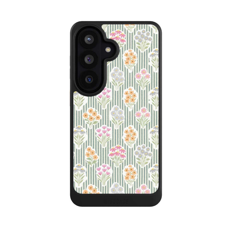 Galaxy S26 NIVOcore Ditsy Flower Sticker Bouquets on Blue and Cream Pinstripes