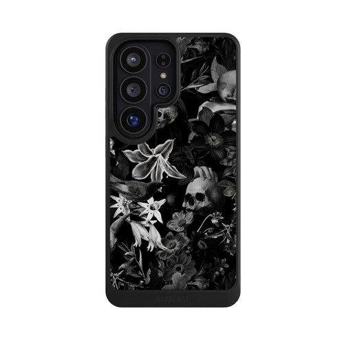 Samsung Galaxy S26 Ultra NIVOcore Totenköpfe und Blumen auf schwarzem Hintergrund
