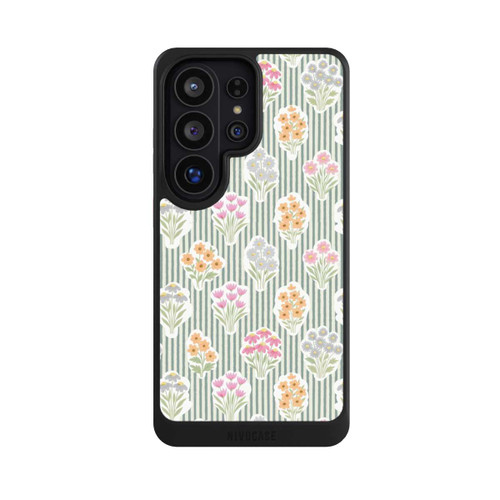 Samsung Galaxy S26 Ultra NIVOcore Ditsy Flower Sticker Bouquets on Blue and Cream Pinstripes