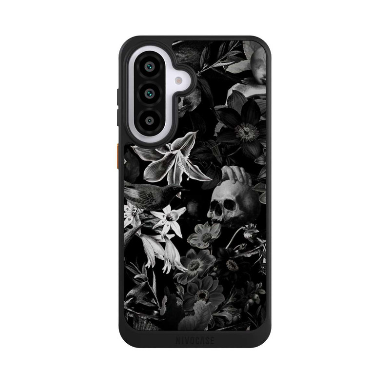 Galaxy A57 5G NIVOcore Totenköpfe und Blumen auf schwarzem Hintergrund