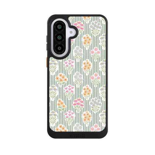 Samsung Galaxy A57 5G NIVOcore Ditsy Flower Sticker Bouquets on Blue and Cream Pinstripes