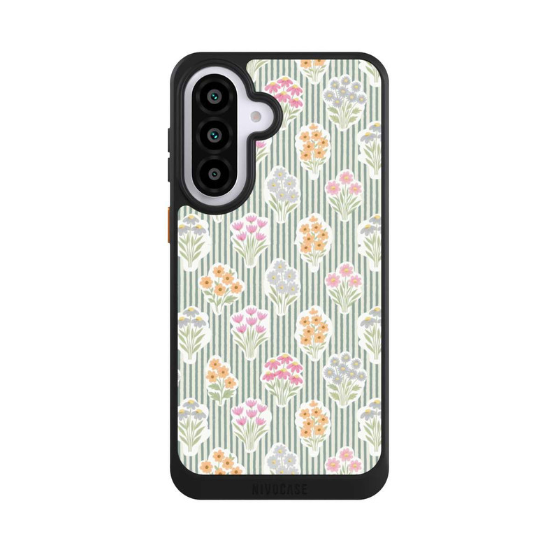 Galaxy A57 5G NIVOcore Ditsy Flower Sticker Bouquets on Blue and Cream Pinstripes