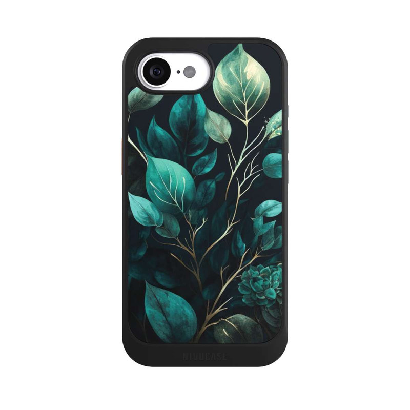 iPhone 17e NIVOcore Green Eucalyptus Leaves against a Dark Background