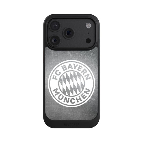 Apple iPhone 18 Pro NIVOcore Logo FCB Classique Petit - Blanc sur Fond Métallique