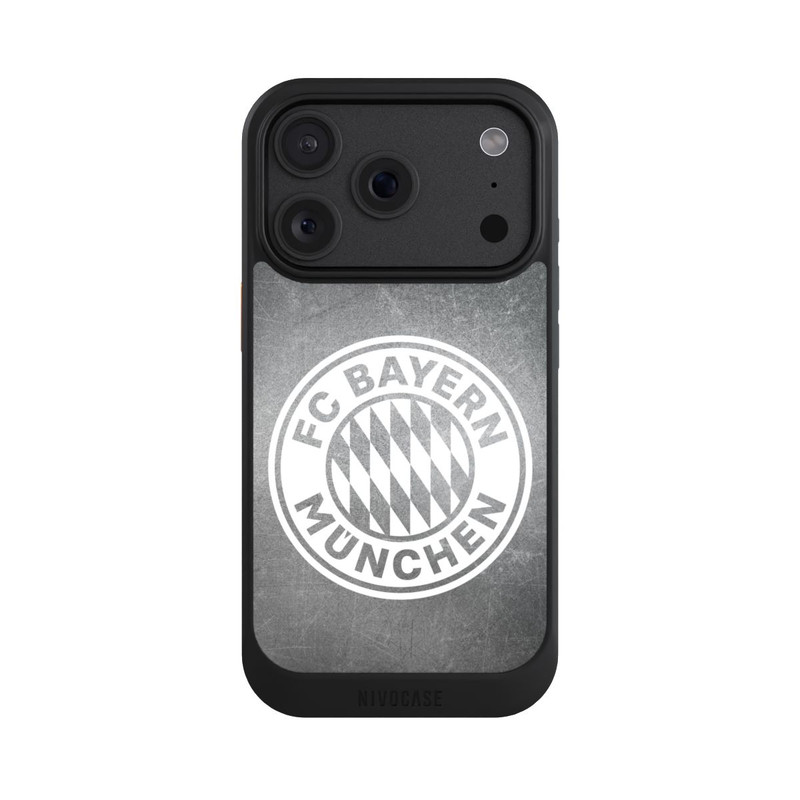 iPhone 18 Pro NIVOcore Logo FCB Classique Petit - Blanc sur Fond Métallique