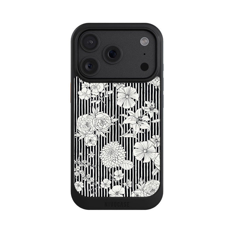 iPhone 18 Pro NIVOcore Fleurs et rayures noir et blanc