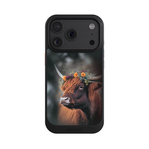 Apple iPhone 18 Pro NIVOcore Vache des Highlands avec des fleurs avec IA