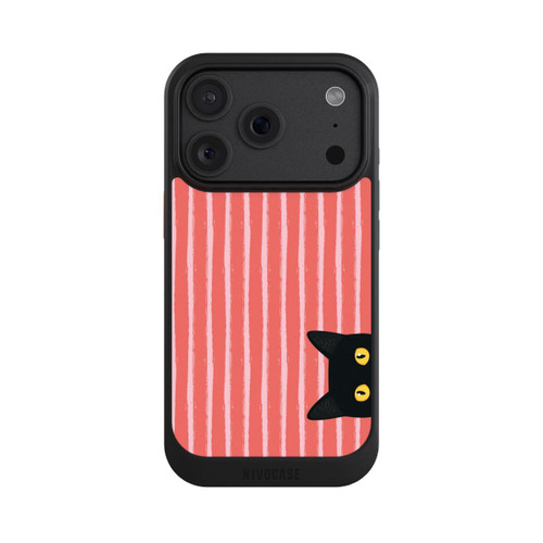 Apple iPhone 18 Pro NIVOcore Chat noir sur fond rayé orange