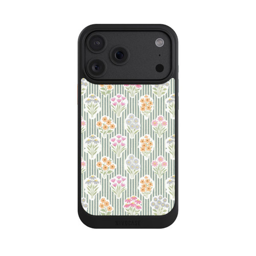 Apple iPhone 18 Pro Max NIVOcore Ditsy Flower Sticker Bouquets on Blue and Cream Pinstripes