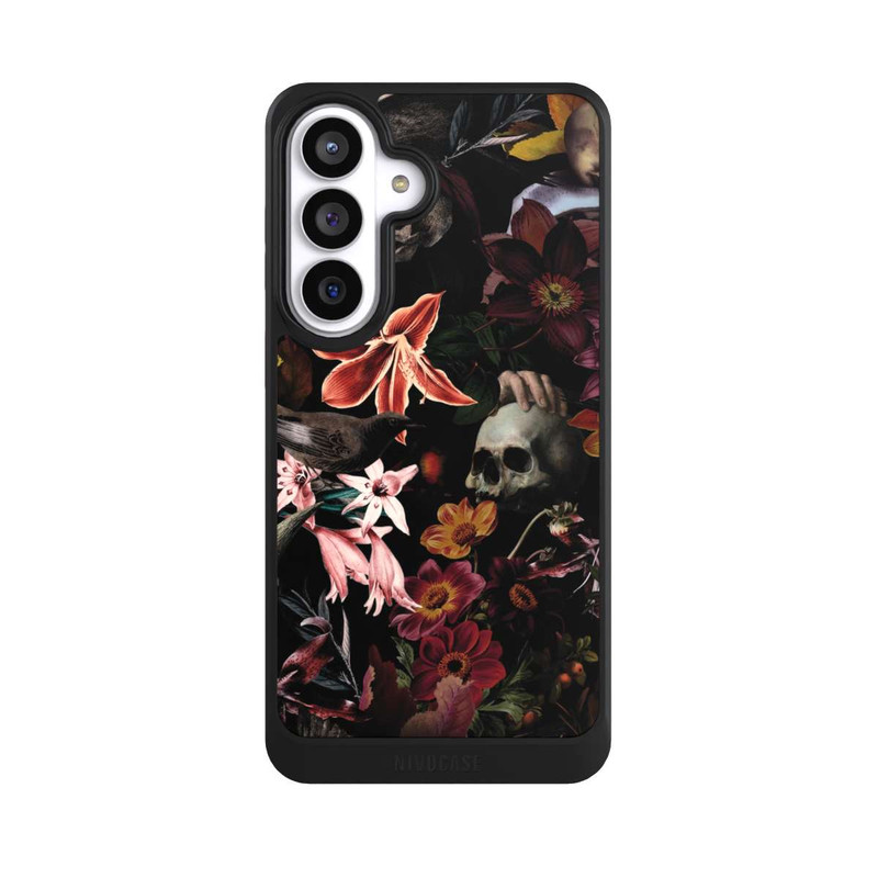 Galaxy S26+ NIVOcore Totenköpfe und Blumen auf dunklem Hintergrund