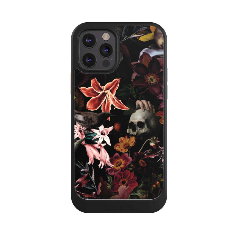 iPhone 12 Pro NIVOcore Totenköpfe und Blumen auf dunklem Hintergrund