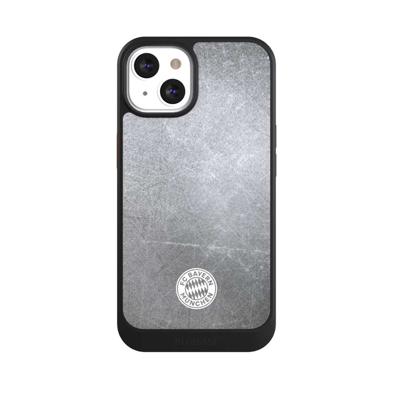 iPhone 13 NIVOcore Logo FCB Classique Petit - Blanc sur Fond Métallique
