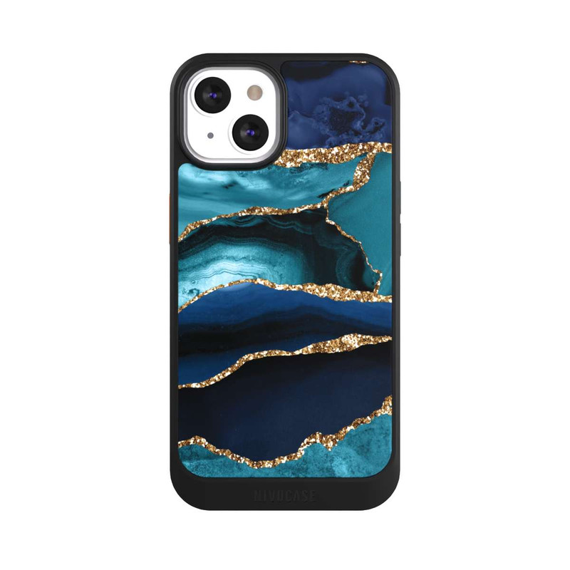 iPhone 13 NIVOcore Dark and Light Blue Marble Gold Glitter Look