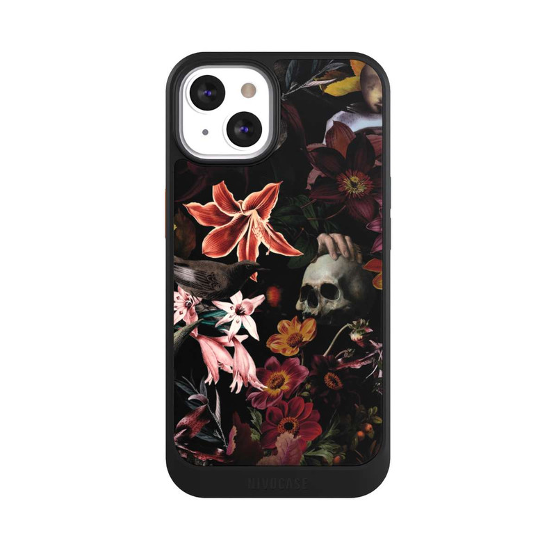 iPhone 13 NIVOcore Totenköpfe und Blumen auf dunklem Hintergrund
