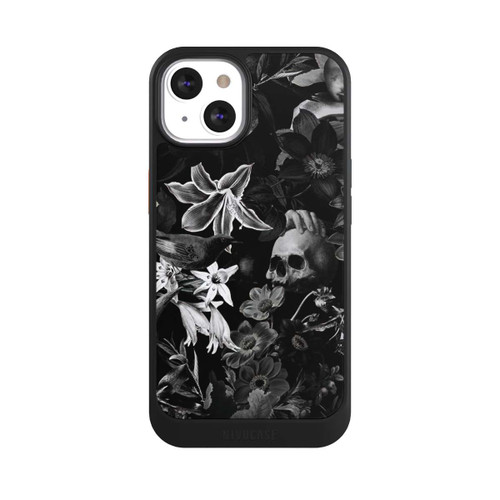 Apple iPhone 13 NIVOcore Totenköpfe und Blumen auf schwarzem Hintergrund