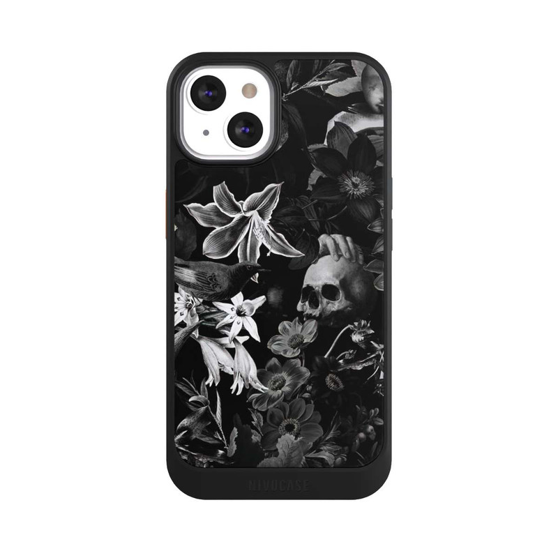 iPhone 13 NIVOcore Totenköpfe und Blumen auf schwarzem Hintergrund
