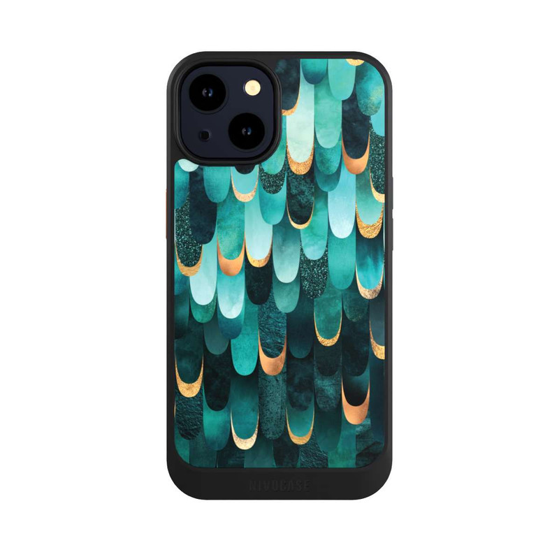 iPhone 14 NIVOcore Imprimé or turquoise à plumes