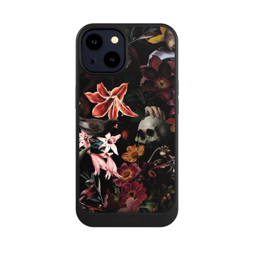Apple iPhone 14 NIVOcore Totenköpfe und Blumen auf dunklem Hintergrund