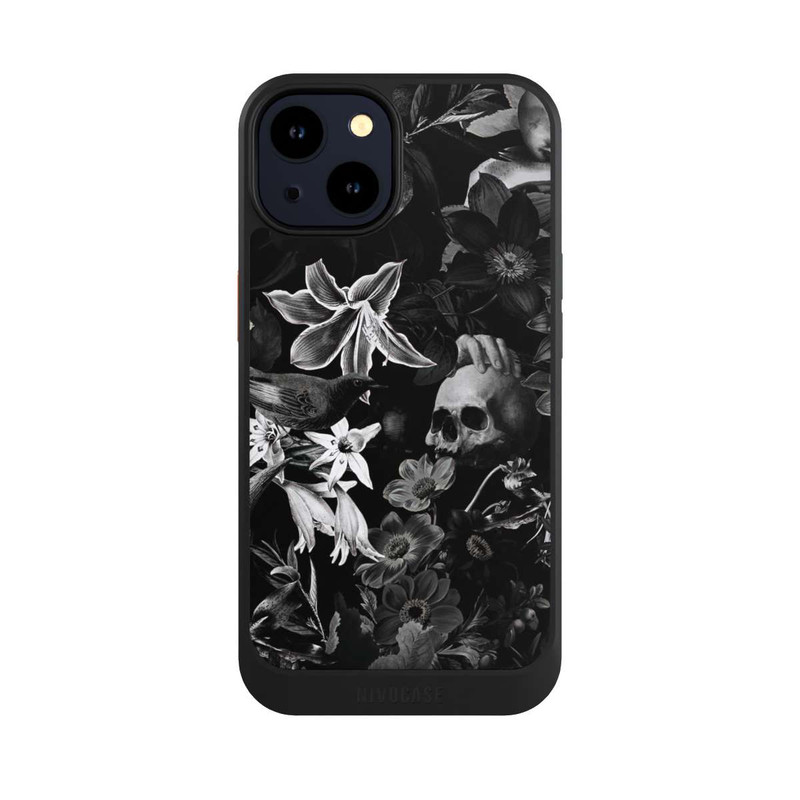 iPhone 14 NIVOcore Totenköpfe und Blumen auf schwarzem Hintergrund