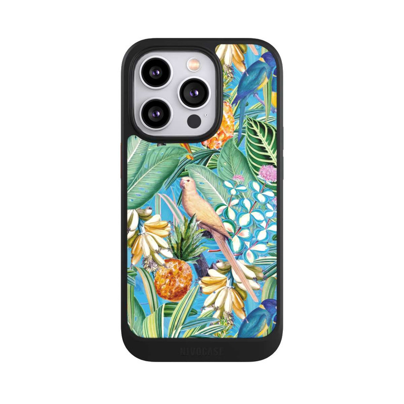 iPhone 14 Pro NIVOcore Tropische Papageien auf blauer Tapete
