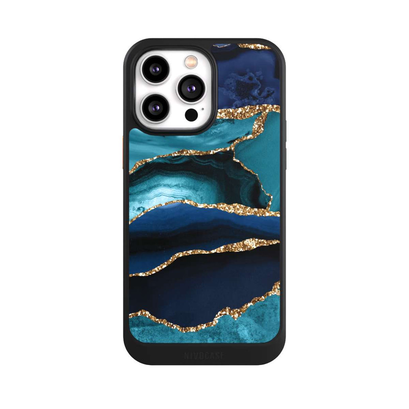 iPhone 14 Pro Max NIVOcore Dark and Light Blue Marble Gold Glitter Look