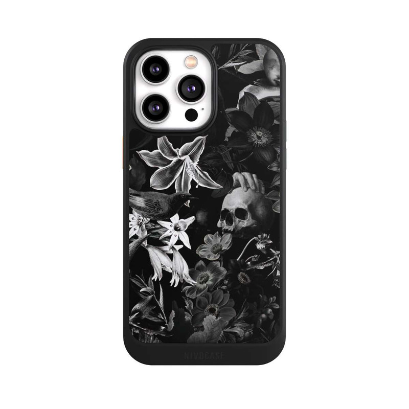 iPhone 14 Pro Max NIVOcore Totenköpfe und Blumen auf schwarzem Hintergrund