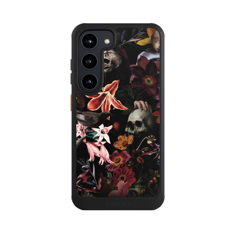 Galaxy S23 NIVOcore Totenköpfe und Blumen auf dunklem Hintergrund