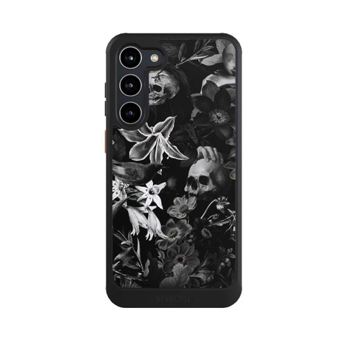 Samsung Galaxy S23+ NIVOcore Totenköpfe und Blumen auf schwarzem Hintergrund