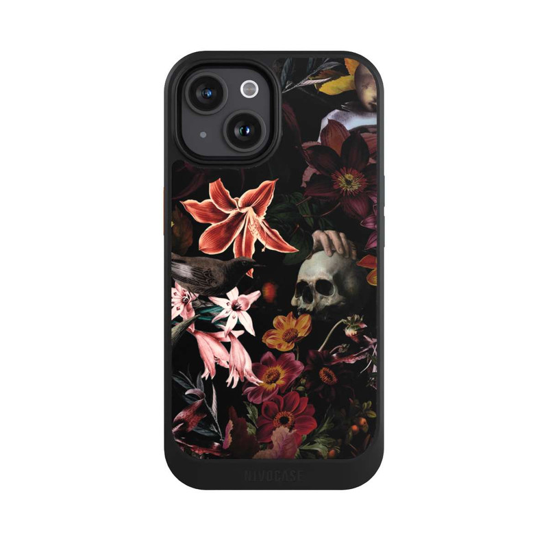 iPhone 15 NIVOcore Totenköpfe und Blumen auf dunklem Hintergrund