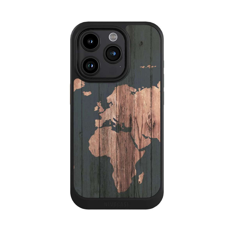 iPhone 15 Pro NIVOcore Carte du Monde Effet bois