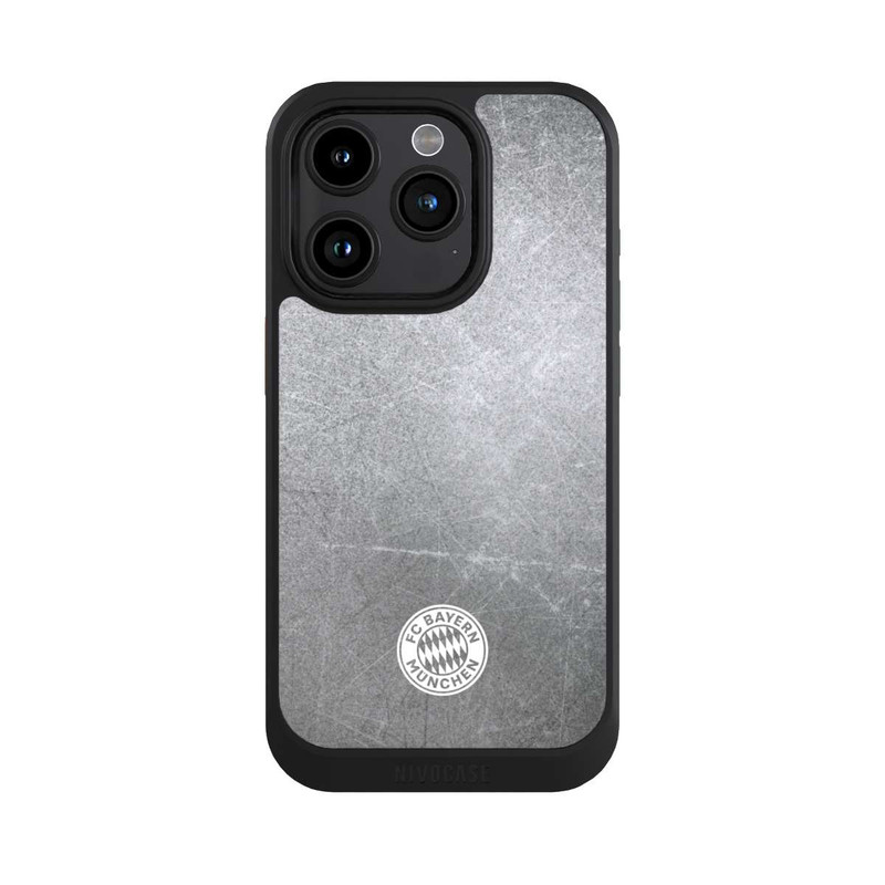 iPhone 15 Pro NIVOcore Logo FCB Classique Petit - Blanc sur Fond Métallique