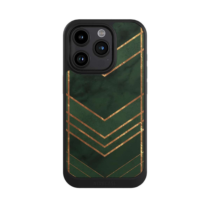 iPhone 15 Pro NIVOcore Dunkelgrün gemustert Goldene Streifen