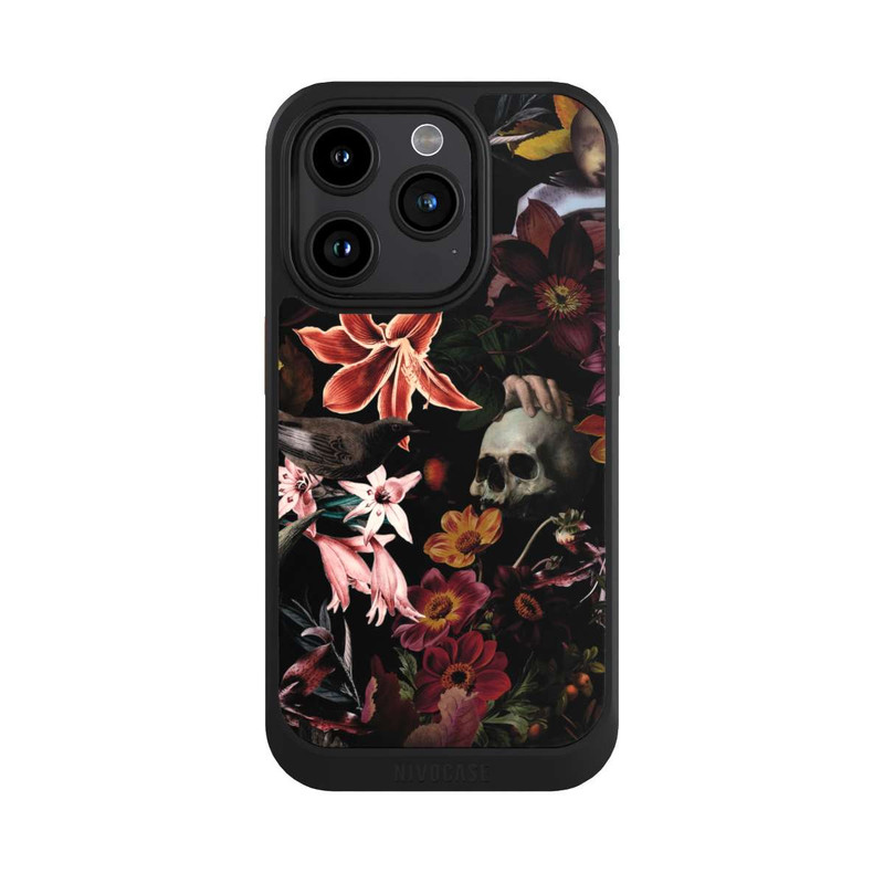 iPhone 15 Pro NIVOcore Totenköpfe und Blumen auf dunklem Hintergrund