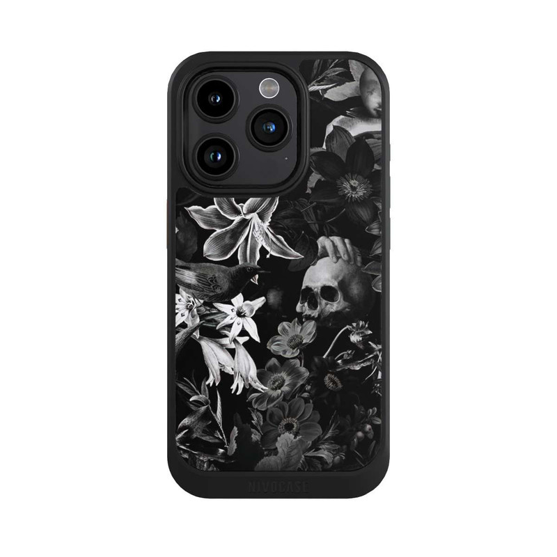 iPhone 15 Pro NIVOcore Totenköpfe und Blumen auf schwarzem Hintergrund