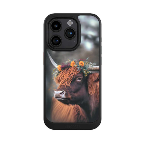 Apple iPhone 15 Pro NIVOcore Vache des Highlands avec des fleurs avec IA