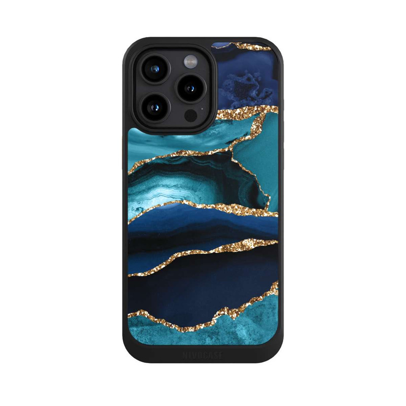 iPhone 15 Pro Max NIVOcore Dark and Light Blue Marble Gold Glitter Look