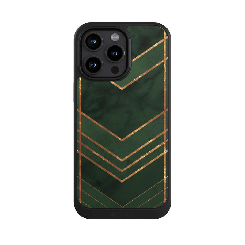 iPhone 15 Pro Max NIVOcore Dunkelgrün gemustert Goldene Streifen