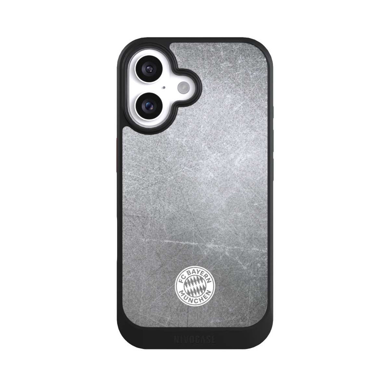 iPhone 16 NIVOcore Klassisches FCB Logo Klein - Weiß auf Metalllook