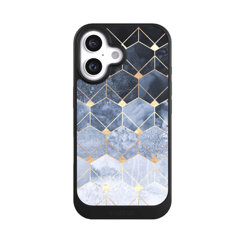iPhone 16 NIVOcore Blaue Sechsecke und Diamanten Golddruck